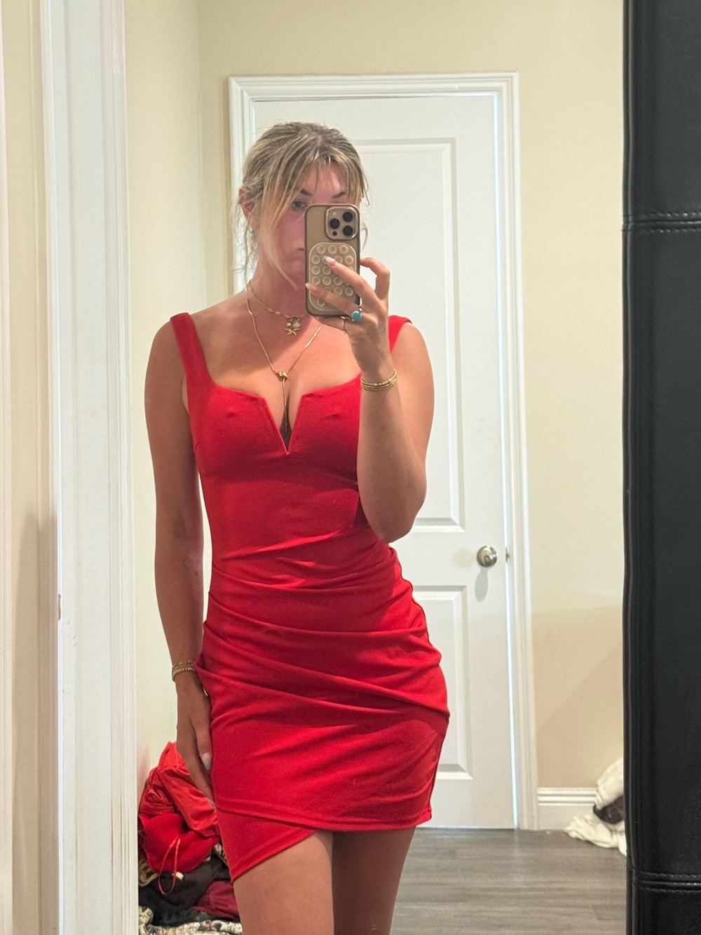 Tiger Mist Red V-Notch Bodycon Mini Dress